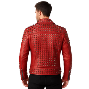 Heavy Metal <b>Punk</b> Biker Style Genuine Sheep Skin Leather <b>Jacket</b> for Men Red with Studded Design Rock Fashion for Spring Season - Product Image 2