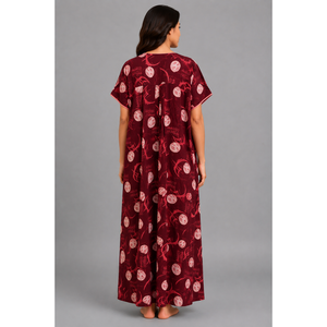 Evolove Skin Friendly Printed Front Zip Nightgown Dark Maroon Breathable Spandex Summer Sleepwear 3XL - Product Image 6