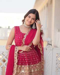 Gorgeous Faux Georgette Gharara Ensemble Long <b>Flared</b> Plazzo Heavy Matching Dupatta with <b>Sequins</b> Work Elegant Fancy Salwar Suit - Product Image 4