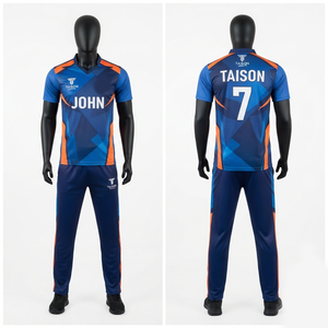 Uniforme de cricket pour hommes, short en tissu interlock polyester 180 GSM, orange marine, panneaux latéraux sublimés, logo personnalisé, nom, numéro, équipe - Product Image 6