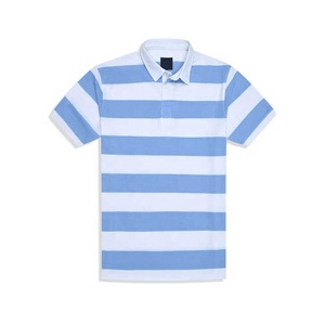 Polo de rugby épais en coton rayé bleu et blanc, à manches courtes, décontracté, respirant, col boutonné, en popeline tissée pour l'été - Product Image 3