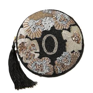 Porte-monnaie rond en perles de designer avec motifs de broderie Pochette à monnaie ronde tendance avec coutures colorées en perles de rocaille - Product Image 1