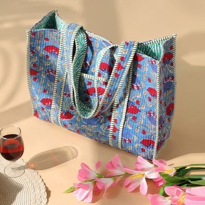 กระเป๋าผ้าฝ้ายลายดอกไม้สีน้ำเงิน พร้อมซิปปิด ซับในผ้าแคนวาส สไตล์วินเทจ สำหรับผู้หญิง เหมาะสำหรับฤดูหนาว ฤดูร้อน ท่องเที่ยว และไปทะเล - Product Image 2