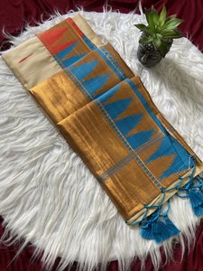 Sari de Seda Tussar Suave para Festivales con Tejido Zari y Atractivo Diseño de Templo, Fabricante de Moda Femenina en Venta - Product Image 5