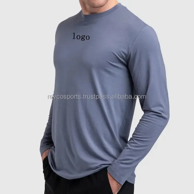 उच्च गुणवत्ता वाले कस्टम लोगो प्रिंट पुरुषों जिम स्पोर्ट्स स्लिम फिट लुभावनी पॉलिएस्टर लंबी आस्तीन सिल्वर ग्रे रंग टी शर्ट