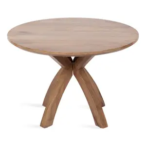 ミッドセンチュリーにインスパイアされた木製のコーヒーテーブルは、4つの湾曲した脚を備えた丸い卓上を備えていますモダンなリビングエリアへの素晴らしい追加