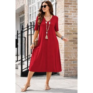 Women's Short-Sleeved V-Neck Midi <b>Viscose</b> <b>Dress</b> with Pocket Detail, 34748 - Red - Product Image 3
