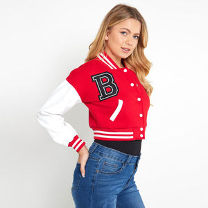 2025 últimos deportes ropa de equipo en blanco Top corto universitario chaquetas Varsity cuello alto botones a presión chaqueta universitaria recortada para mujer - Product Image 1