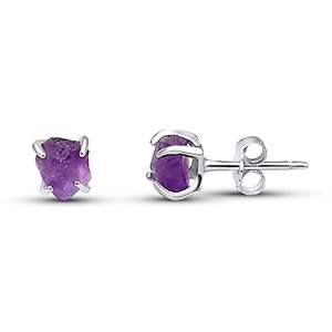 Handmade 5-7mm Genuine Amethyst <b>Stud</b> Earrings Classic Style Raw <b>Silver</b>-Plated Jewelry for Women February Birthstone Gift - Product Image 1