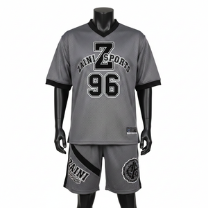 Ensemble short en jersey pour homme, respirant, en maille de polyester, gris, noir, bordure contrastée, jersey en twill - Product Image 1