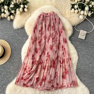 Jupe longue plissée en mousseline de soie à motif floral pour femme, taille élastique, longueur cheville, avec poche, style bohème doux, toutes saisons - Product Image 3