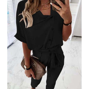 Women's Short Sleeve Collared Front Buttoned Crinkle Blouse and <b>Trousers</b> Two-Piece Set, 34912 - Black - Product Image 2