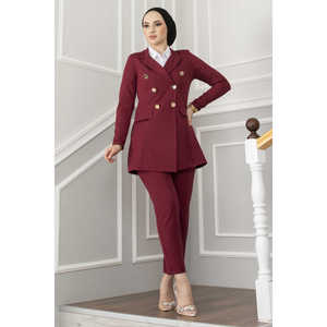 Burgundy Handkerchief Collar Detail Hijab Set with <b>Button</b> Decoration - Product Image 3