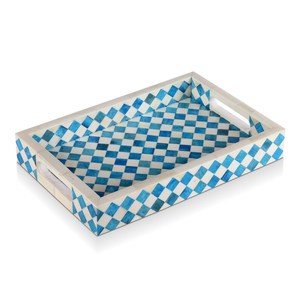 MUGHALCRAFTS Custom Blue Chess Incrustaciones de hueso natural Bandeja de servicio rectangular decorativa Estilo moderno para uso doméstico - Product Image 1