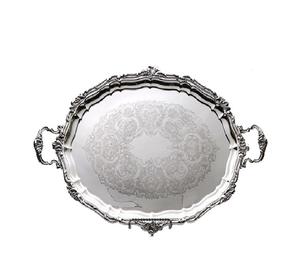 Bandeja de servicio de forma ovalada de latón y aluminio Bandeja de servicio plateada con asas - Product Image 1