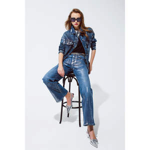 Jeans de Cintura Alta y Pierna Recta con Acabado Metálico Plateado, Transpirables, Estilo Urbano, con Técnica de Pedrería, Holgados, Talla XL, Estampado Invernal - Product Image 1