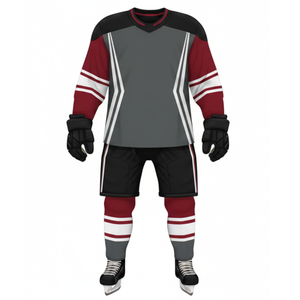 ชุดฮอกกี้น้ำแข็งสำหรับผู้ชาย ยอดนิยม - สีเทาเข้ม สีแดงเลือดหมู สีขาว ลายเรขาคณิต - ชุดกีฬาแบบซับลิเมชั่นเต็มตัวสำหรับทีม - Product Image 1