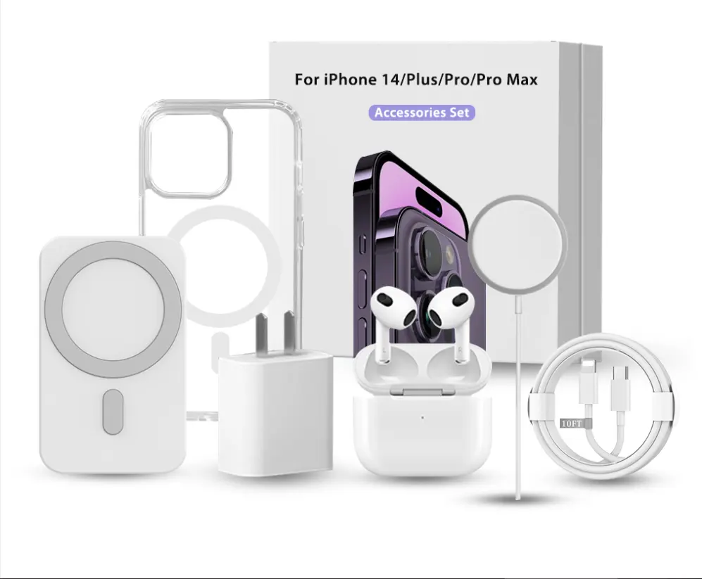 For iPhone 14 Accessories Set Car Magsafe for Charger Cable Bluetooth Earphone TPU Case for iPhone 14/Plus/Pro/Pro Max