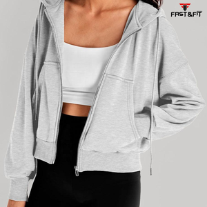 Haut court à capuche décontracté 100 % coton personnalisable pour femme, manches longues, respirant, imperméable, faible MOQ, avec logo imprimé sur le devant - Product Image 2