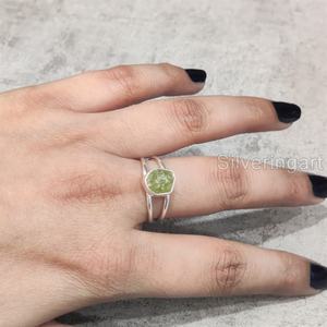 Bijoux en pierre brute bague pour femme péridot brut naturel pierre précieuse août pierre de naissance Double bande bijoux bague en argent Sterling 925 - Product Image 2