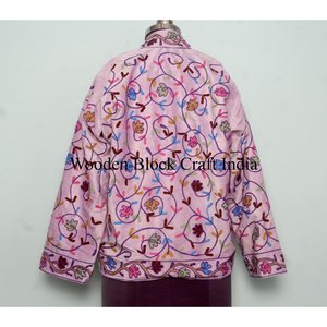 Abrigo Corto Informal de Terciopelo con Bordado Suzani para Mujer, Estilo Bohemio Floral, Moda Urbana, 100% Algodón, Cuello Alto Abierto - Product Image 5