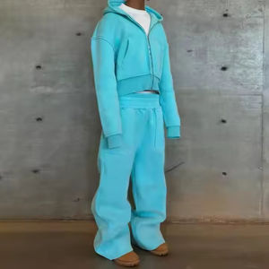 Ropa de calle personalizada con cremallera y sudadera recortada para hombre, pantalones de chándal de dos piezas de gran tamaño y conjunto de Sudadera con capucha, chándales de algodón y poliéster para hombre - Product Image 2