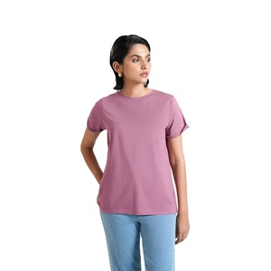 Elegante cuello redondo mangas enrolladas tela de algodón mujeres camiseta ligera verano desgaste señoras camisa con impresión personalizada - Product Image 1