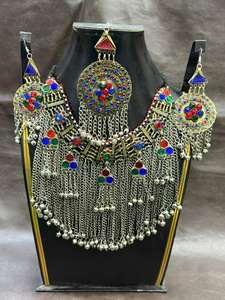 Traditional Afghan Kuchi Tribal Jewelry Set Handmade Ethnic <b>Necklace</b> & Earrings with Colorful Glass Inlay <b>Coins</b> for Weddings - Product Image 5