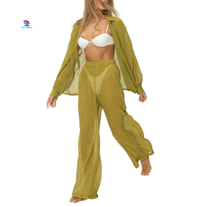 Ladies' <b>Sexy</b> Night Open Button Casual Shirts and Sheer Mesh Leggings Solid Pattern Two-Piece <b>Sets</b> with Stand Collar - Product Image 1