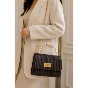 Bolso de Mano y Hombro con Cadena Decorada con Perlas, Material de Piel de Vaca, Tipo Grano, Uso Versátil - Product Image 2