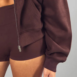 Sudadera con capucha de mujer con cremallera corta en contraste más vendida, sudadera cálida Flecce antiarrugas transpirable para gimnasio y ropa de calle, sudaderas con capucha para mujer - Product Image 5