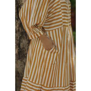 Vestido Midi de Algodón para Mujer, Mangas Largas, Bolsillos, Estampado a Mano con Rayas, Estilo Boho Chic, Vestido Fluido, Cintura Natural Sostenible - Product Image 4