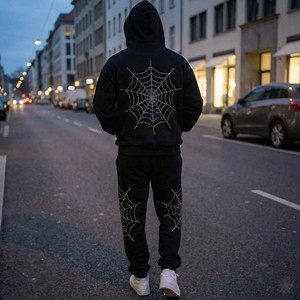 Y2K Gothic Acid Wash Printed Solid Streetwear Rhinestone Full Zip <b>Hoodie</b> Tracksuit Men Oversized Heavyweight Cotton <b>Fleece</b> - Product Image 2