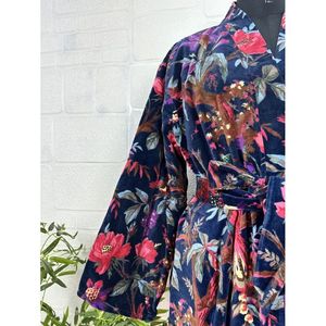 Luxury Unisex Robe Floral Blue Malibu Bluish Velvet <b>Kimono</b> <b>Jacket</b> Reversible <b>Silk</b> Lined Soft Autumn Winter Gift - Product Image 4