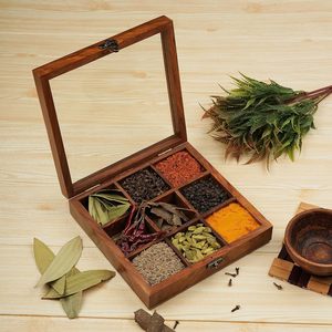 Wooden Masala Dabba Spice Storage <b>Box</b> With Glass Lid on Top - 9 Non <b>Removable</b> Spice Containers with 1 Spoon Masala Canister - Product Image 2