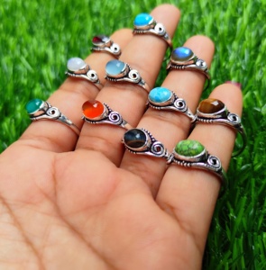 La Mayoría de tendencias, venta al por mayor, anillos de moda azul Vintage, mezcla Natural de piedras preciosas, joyería de latón impermeable chapada en plata esterlina - Product Image 2