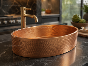 DIVRIS Lavabo en cuivre martelé fait main, rond, à cuve unique, pour comptoir, surface polie rustique, finition mate, modèle DRC-2030 - Product Image 4