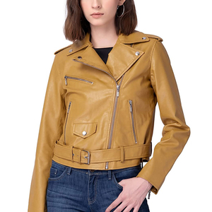 Chaqueta de cuero de motocicleta de Color sólido con cuello de plumón, chaqueta de cuero de tamaño personalizado, chaqueta de mujer a la venta, servicio OEM de alta calidad - Product Image 1