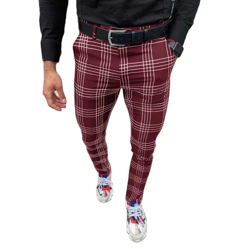 Custom Fashion Slim Fit Men Plaid Dress Pants Casual Office Skinny Khaki Men Trousers Men's