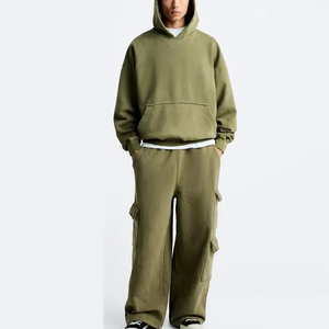 Sweat à capuche et pantalon en coton surdimensionné à poches latérales en coton épais et épaules tombantes Survêtements vierges en détresse pour hommes - Product Image 1