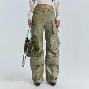 Multi Pocket Design Vintage PU <b>Leather</b> <b>Pants</b> for Women High Waist Single Button <b>Cargo</b> Trousers 2024 Autumn Female - Product Image 1