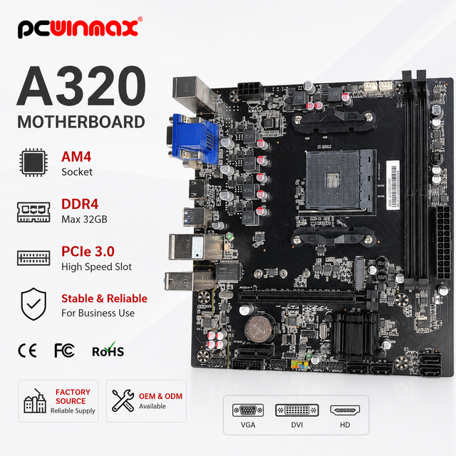 PCWINMAX New A320 AM4 MATX DDR4 Gaming Desktop Motherboard OEM Wholesale in Stock for PC Assemblers