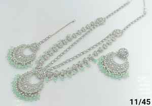 LATEST ANTIQUE FASHIONABLE SILVER PLATED UNCUT AD FANCY <b>LONG</b> <b>NECKLACE</b> WITH MANGTIKKA EARRING SET & JEWELLERY SET <b>for</b> <b>WOMEN</b> - Product Image 5