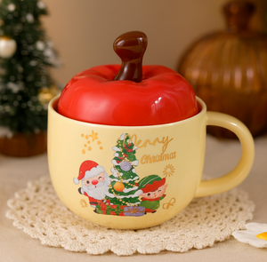 Festive Apple Shaped 400ml Ceramic Christmas Mug with Santa & Elf Design Party Coffee <b>Cup</b> with Lid for Cold & Hot Drinks - Product Image 1
