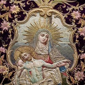 Hand Embroidered Pieta Church Processional <b>Banner</b> Gold Metallic Thread Zardozi Work Velvet Ceremonial Flag - Product Image 6
