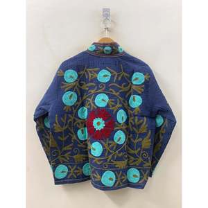 Hand-Embroidered <b>Reversible</b> Waffle Cotton <b>Jacket</b> the Indigo Bloom for Spring Season - Product Image 3