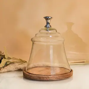 Support à gâteau rond en bois avec dôme en verre et bouton en métal, faible MOQ, fabricant et grossiste, usine de décoration et d'ameublement haut de gamme - Product Image 2