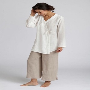 Top corto de cintura alta y Pantalón ancho para mujer, conjunto de pantalones de lino de dos piezas, top de lino elegante - Product Image 5
