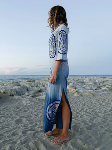 Recién llegado, Vestido largo de trabajo con tinte de corbata de verano para mujer, cuello en V bordado, mangas tres cuartos, ropa de resort de playa - Product Image 2