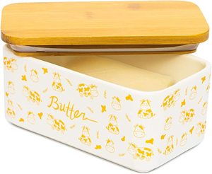 Plat à beurre en acier inoxydable au design émaillé jaune et blanc Boîte de rangement pour beurre Conteneur de table pour la maison et la cuisine - Product Image 1